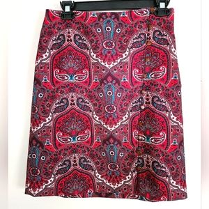NWT Talbots Paisley Knee Length Red Opulent Side Button Detail Slit Skirt Sz 2P